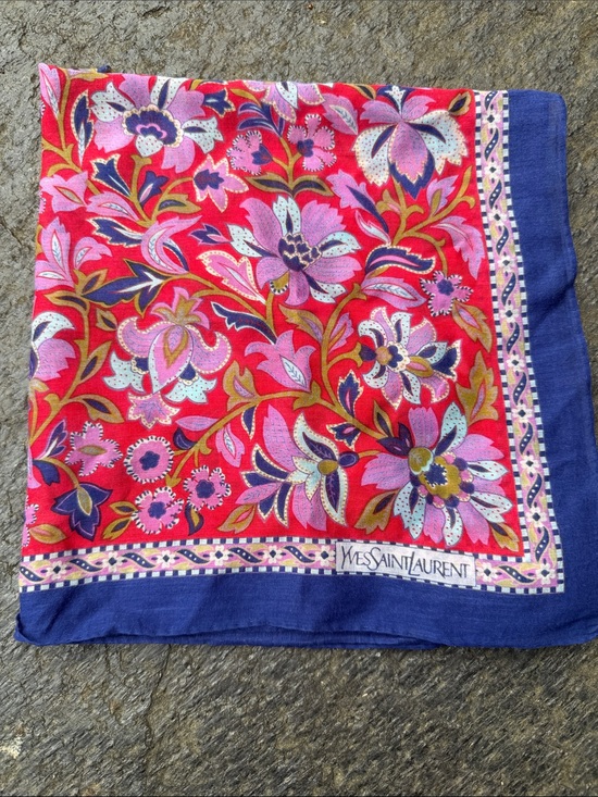 Yves Saint Laurent Accessories - Yves Saint Laurent Red Floral Silk Scarf with Navy Border